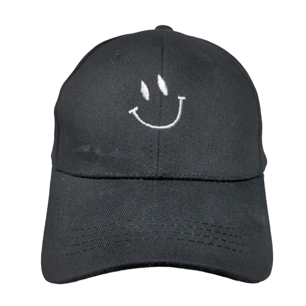Smiley Slideback Hat Black One Size Embroidered Adjustable 6 Panel